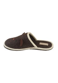 Brown felt slipper with beige trim, featuring a mouse design, including ears and a small nose. Soft texture, open-back style for easy wear.