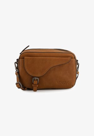 Brown leather crossbody bag with a zippered compartment, curved flap pocket, adjustable strap, and stitched detailing. Brand name "Venezia" embossed.