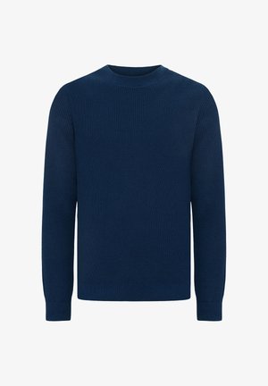 Navyblauer Pullover aus geripptem Strickstoff, mit Rundhalsausschnitt und langen Ärmeln, einem strukturierten Finish sowie eng anliegenden Bündchen und Saum.
