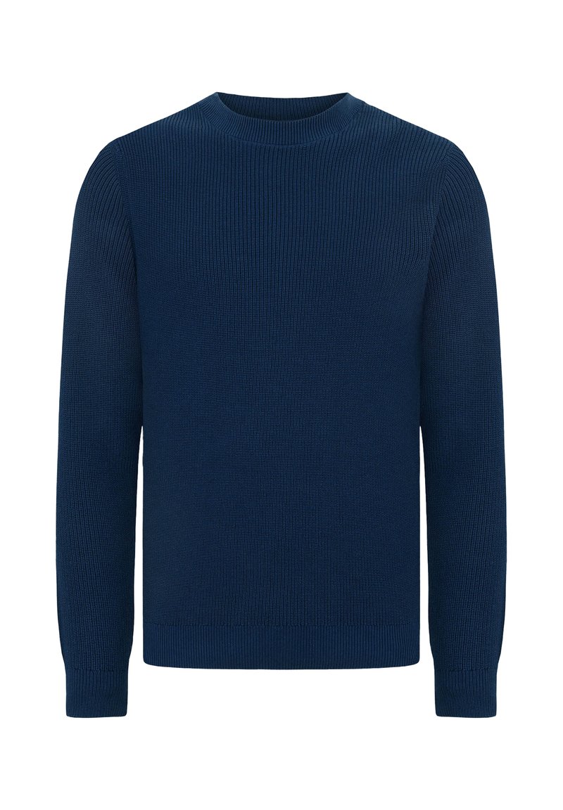 Maglione blu navy in tessuto a coste, con scollo a girocollo e maniche lunghe, finitura testurizzata e polsini e orlo aderenti.