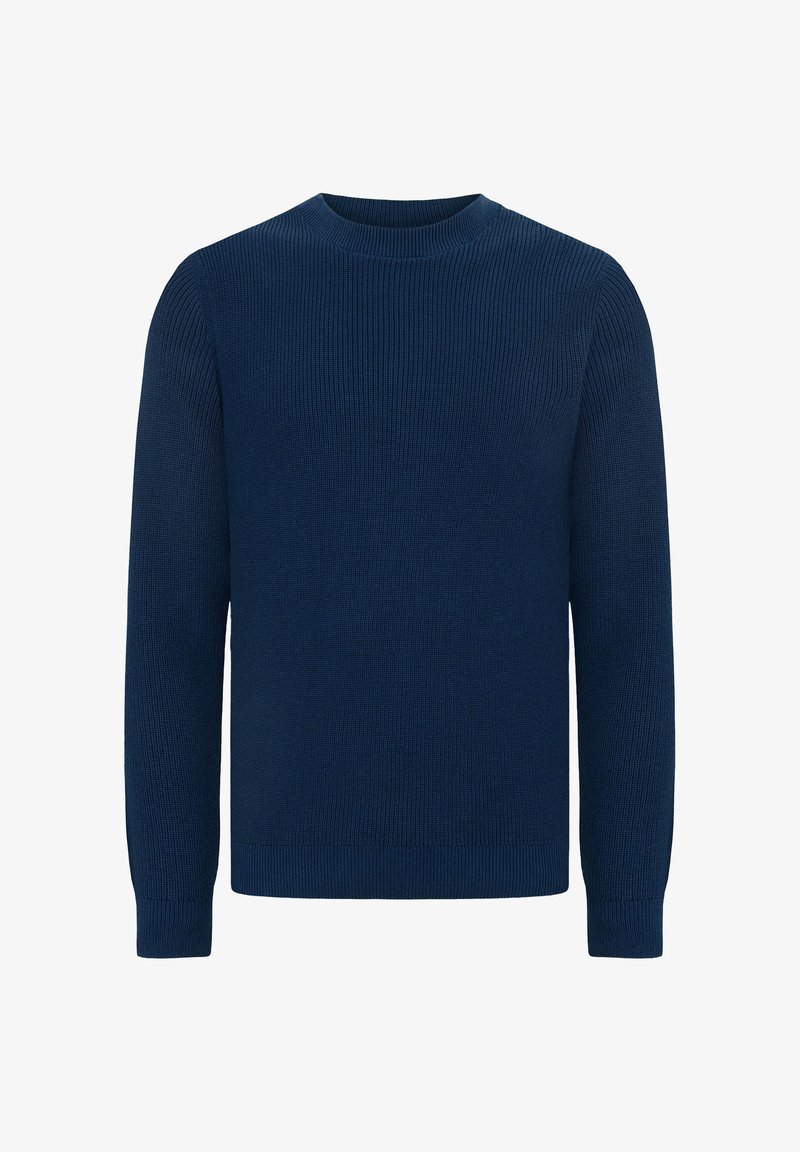 Navyblauer Pullover aus geripptem Strickstoff, mit Rundhalsausschnitt und langen Ärmeln, einem strukturierten Finish sowie eng anliegenden Bündchen und Saum.