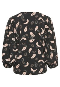 Blouse noire avec motifs abstraits de feuilles rose clair et marron, manches longues bouffantes froncées et coupe ample.