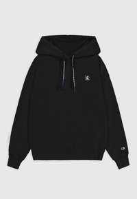 Sudadera con capucha negra en mezcla de algodón, que presenta un logo frontal, cordones ajustables con acentos morados y puños acanalados.