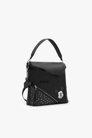 Schwarze synthetische Handtasche mit einem strukturierten Design, das ein dreieckiges Vorderteil aufweist, das mit Strasssteinen und einem Mickey Mouse-Motiv geschmückt ist.