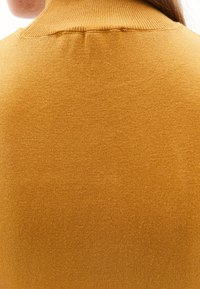 Mosterdgeel geribde turtleneck trui met een zachte textuur, voorzien van een hoge kraag en een strakke pasvorm. De achterkant toont een naadloze afwerking.
