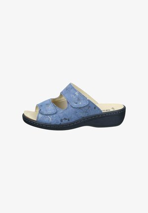 Blue open-toe slip-on sandal with two adjustable straps, floral pattern, cushioned beige insole, and black low wedge sole.