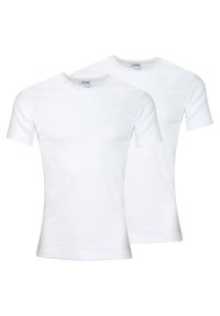 T-shirts en coton blanc avec un col rond standard et des manches courtes. Texture lisse, design épuré, disponibles en pack de deux.