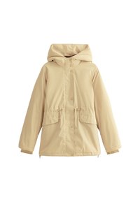 Beige waterproof jacket with a hood, featuring a snap button closure, two front pockets, and elastic cuff details. Smooth texture.