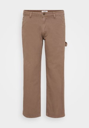 Brown cotton twill pants with a straight leg design. Features front pockets and a side cargo pocket for utility. Smooth texture, casual style.