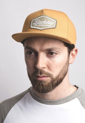 Yellow cap with embroidered patch stating "Blackskies High-Grade Supplies." Grey t-shirt with a ribbed neckline and short sleeves.