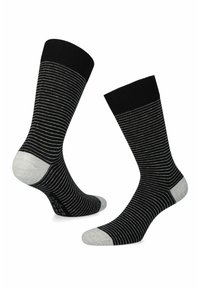 Czarno-szare skarpetki w paski z żeberkowym brzegiem, z jasnoszarym piętą i palcami, wykonane z miękkiego, elastycznego materiału.