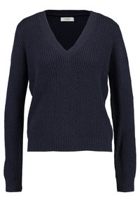 Pull en tricot bleu marine avec un col en V, manches longues et bords-côtes aux poignets et à l'ourlet. Présente des motifs texturés sur l'ensemble du tissu.