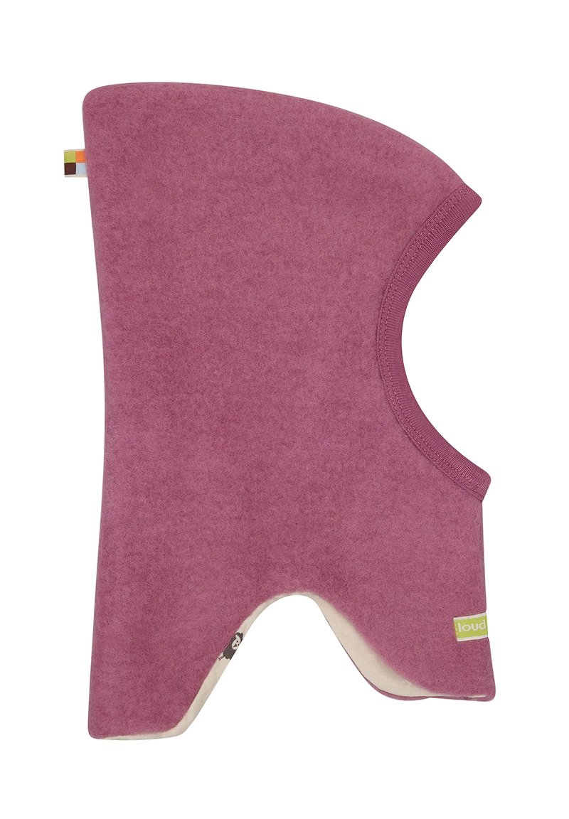 Fleece-Nackenwärmer in Pink mit glatter Oberfläche, abgerundeten Kanten und einem kleinen grünen Etikett. Er verfügt über eine Aussparung für den Hals.
