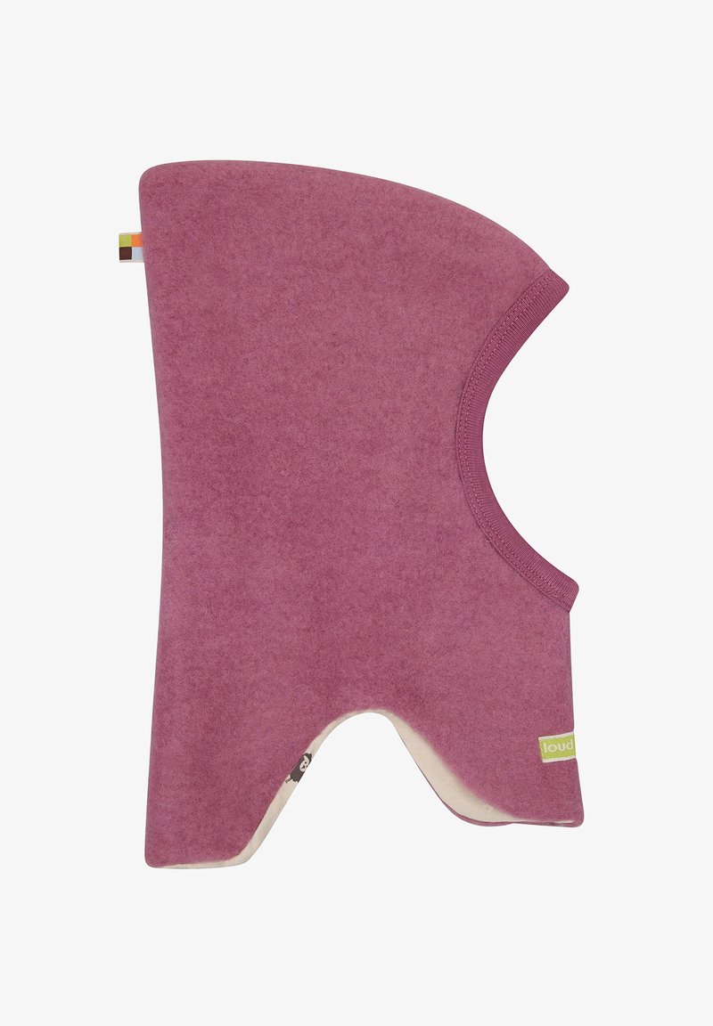 Fleece neck warmer in pink with a smooth texture, rounded edges, and a small green label. It features a cutout for the neck.