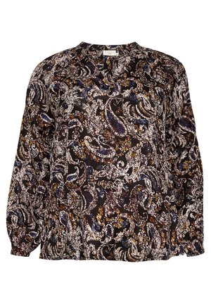 Crna bluzica s paisley uzorkom u bijeloj, plavoj i narančastoj boji. Dugi rukavi s elastičnim manžetama, okrugli izrez i opušteni kroj.