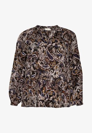 Čierna blúzka s paisley vzorom v bielej, modrej a oranžovej farbe. Dlhé rukávy s elastickými manžetami, okrúhly výstrih a voľný strih.
