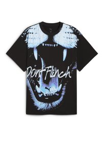 Sort bomuld t-shirt med et stort grafisk motiv af et løveansigt illustreret i blå og hvid, med teksten "Don't Flinch."
