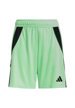 Helles grünes Sportshorts mit schwarzen Seitenpaneelen, elastischem Bund, glatter Textur und einem kleinen schwarzen dreieckigen Logo.