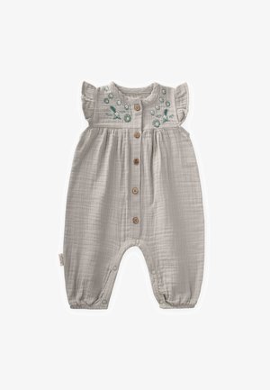 Une combinaison en mélange de coton gris clair avec des manches à volants, des boutons en bois et une broderie florale en teal. Fermetures à pression en bas pour un changement facile.