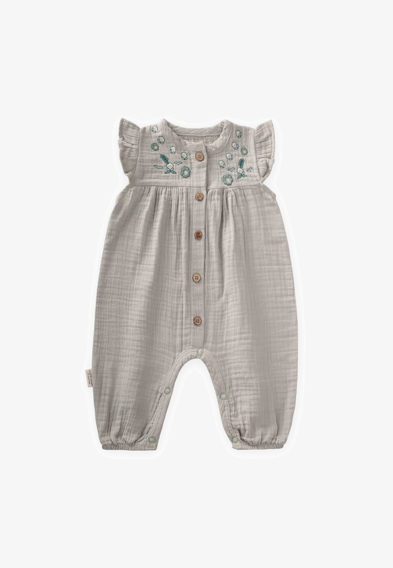 Svetlo šedý kombinéz s bavlnenou zmesou, s volánovými rukávmi, drevenými gombíkmi a kvetinovou výšivkou v teal farbe. Spodné zapínanie na cvoky pre jednoduché prezliekanie.