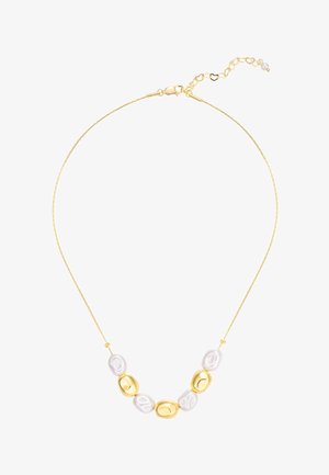 Collier chaîne en or délicat avec perles blanches irrégulières alternées et perles ovales polies en or, doté d'un fermoir en or et d'un rallongeur ajustable.