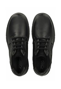 Chaussures en cuir noir avec une finition lisse, dotées de coutures grises, d'un embout arrondi et d'un design classique à lacets. Doublure intérieure douce.