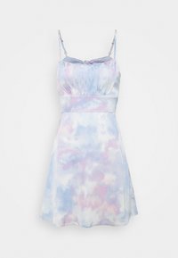 Vaaleansininen sidotut värit mekko, joka on valmistettu pehmeästä kankaasta ja jossa on säädettävät olkaimet, rypytetty yläosa ja liehuva helma.