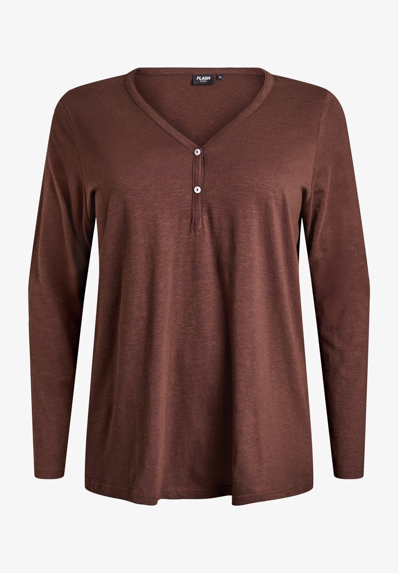 Hnědý top s dlouhým rukávem a výstřihem do V, s knoflíkovou légou a měkkou, texturovanou látkou pro pohodlí.