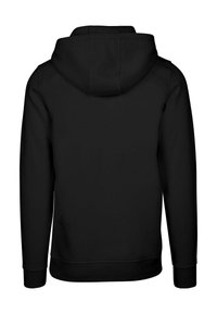 Black pullover hoodie with a large hood, long sleeves, and ribbed cuffs and hem. Made of smooth fabric, features a plain back design.