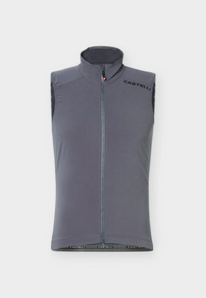 Mouwloos grijs fietsjack met ritssluiting aan de voorkant en Castelli-logo op de bovenste linkerborst en onderste zoom.