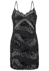 Robe noire courte avec fines bretelles, bordure en dentelle au niveau du col, et motifs de sequins tourbillonnants sur tout le tissu.