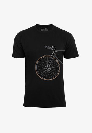 Black t-shirt featuring a graphic of a bicycle and wheel, outlined in white with brown accents on the wheel rim. Classic crew neck design.
