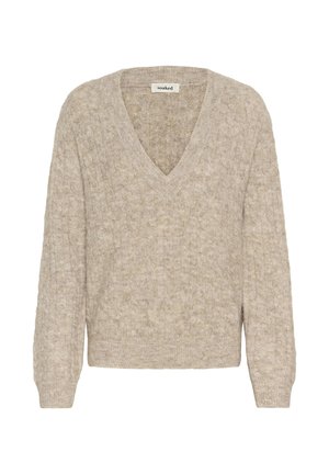 Maglione V-neck a maniche lunghe in maglia cable beige con orlo a coste, caratterizzato da una consistenza morbida e pelosa e un'etichetta con la scritta "soaked."