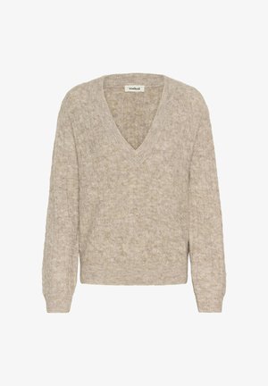 Bež džemper s karičastim pletenjem, V-izreza, dugih rukava i rebrastim rubom, s mekim, pahuljastim teksturom i oznakom na kojoj piše "soaked."