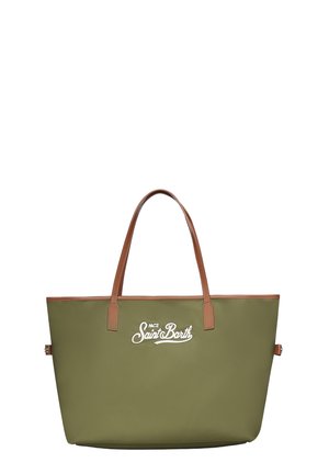 Olijfgroene draagtas met bruine handvatten en wit "MC2 Saint Barth" logo gecentreerd aan de voorkant.