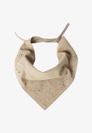 Beige suède bandana met ingewikkelde uitgesneden bloemmotieven, gevouwen met gestrikte uiteinden om rond de nek of het hoofd te bevestigen.