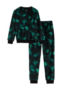 Set de pijamale din polar negru și verde, compus dintr-un pulover și pantaloni cu un model de planete. Țesătură moale, texturată și manșete cu nervuri.