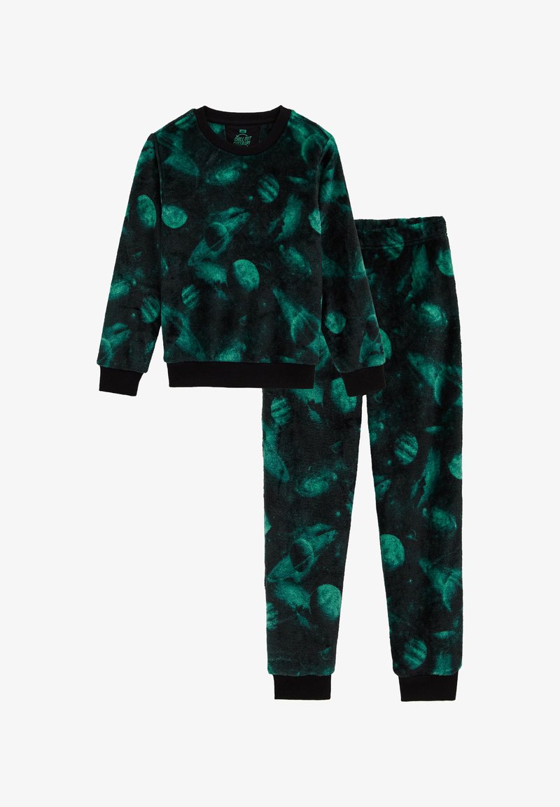 Set de pijamale din polar negru și verde, compus dintr-un pulover și pantaloni cu un model de planete. Țesătură moale, texturată și manșete cu nervuri.