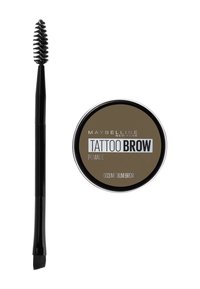 Maybelline Tattoo Brow Pomade in medium brown includes a round metal container and a dual-ended applicator brush with a spoolie and angled tip.