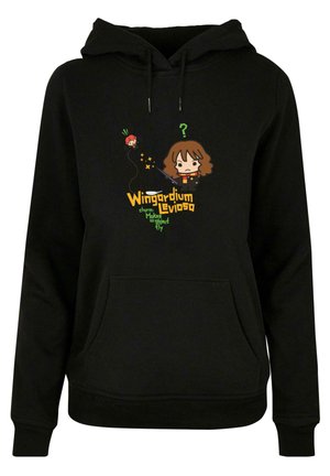 Felpa nera con tasca frontale, caratterizzata da una grafica colorata di personaggi e testo legati a un incantesimo, "Wingardium Leviosa."