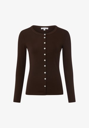 Brown ribbed long-sleeve cardigan with a rounded neckline and white buttons down the front. Soft texture with a fitted design.