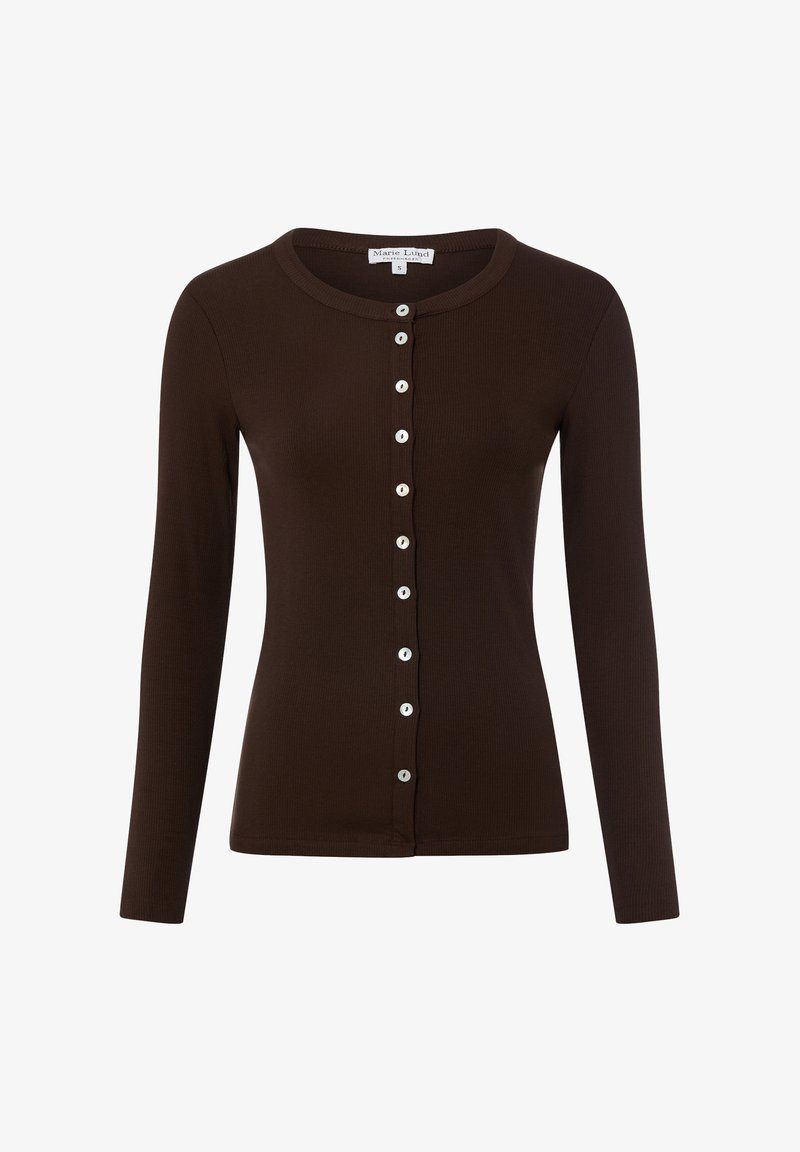 Brauner, gerippter Langarm-Cardigan mit rundem Ausschnitt und weißen Knöpfen vorne. Weiche Textur mit figurbetontem Design.