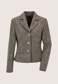 Op maat gemaakte bruine gestructureerde blazer met notch-kraag, drie voorknopen, lange mouwen en twee voorste paspelzakken.