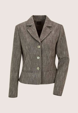 Op maat gemaakte bruine gestructureerde blazer met notch-kraag, drie voorknopen, lange mouwen en twee voorste paspelzakken.
