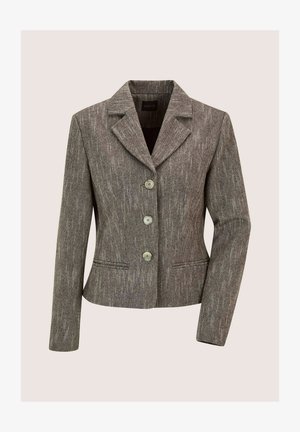 Tailored brown textured blazer with notch lapels, three front buttons, long sleeves, and two front welt pockets.