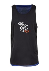 Svart mesh basketball tank top med blå detaljer ved halslinjen, med grafikk "NYC 93 K1X" i hvitt og oransje på forsiden.