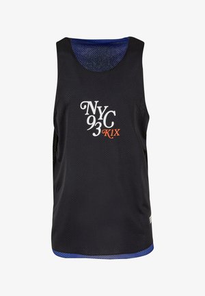 Mustmust võrkpallitank, musta värvi, sinise aktsendiga kaeluses, millel on ees valge ja oranži tooni graafika "NYC 93 K1X".