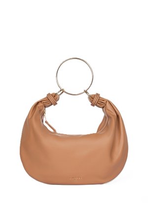 Borsa in pelle color cuoio con manico rotondo in metallo dorato e cinturini annodati alla base del manico, piccolo logo del marchio dorato sulla parte anteriore.