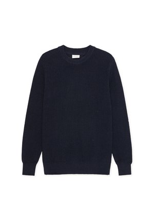 Πλεκτό πουλόβερ μπλε ναυτικό με στρογγυλή λαιμόκοψη και μακριά μανίκια. Διαθέτει υφή υφάσματος με εφαρμοστή κάτω ραφή και μανσέτες.