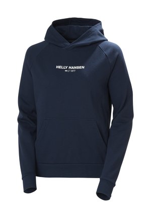 Navy blue hoodie with a drawstring hood, long sleeves, front pocket, and 'HELLE HANSEN 1877' logo in white. Made of soft fabric.